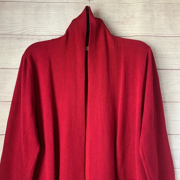 Pointelle Long Red Cardigan Sweater Open Front Folded Neckline Size Small - Picture 15 of 16